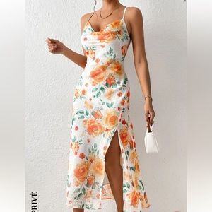 Orange Floral Slit Dress
